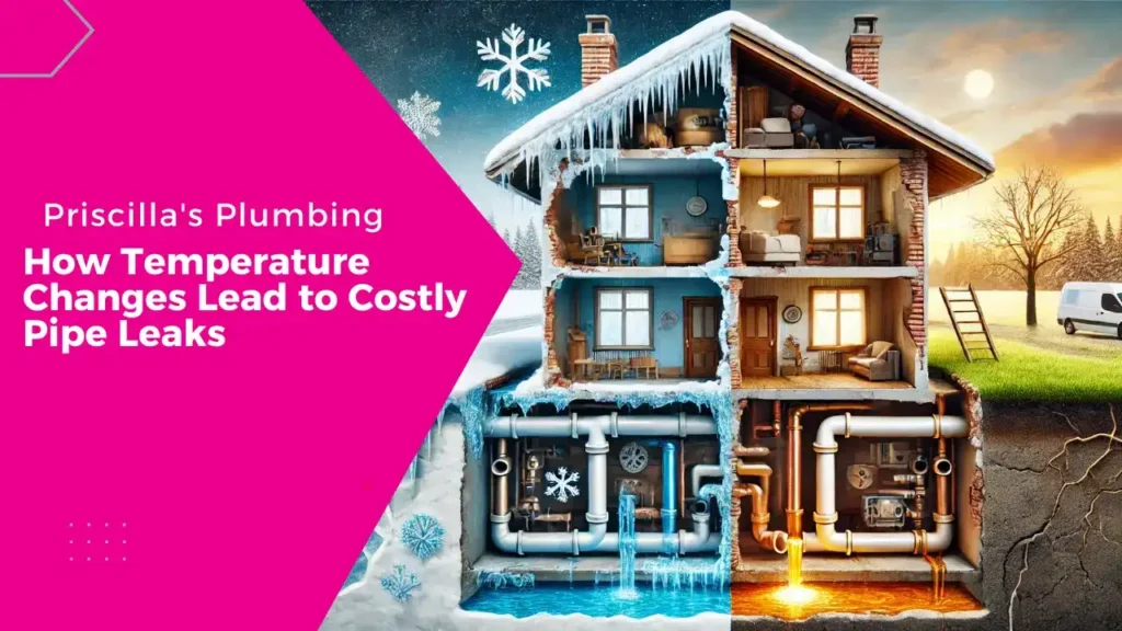 Home cross-section shows pipe leaks from temperature changes.