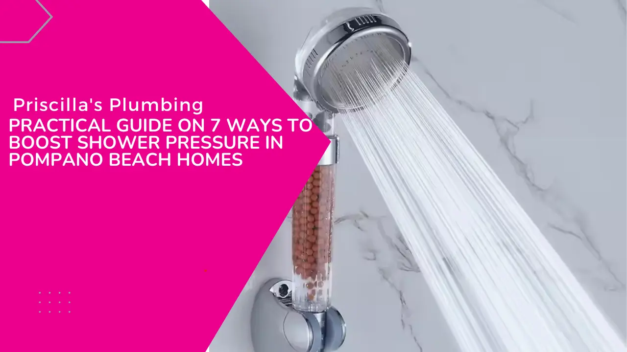 A modern shower head sprays a strong stream of water. The left side of the image has a pink overlay with text that reads, "Priscilla's Plumbing PRACTICAL GUIDE ON 7 WAYS TO BOOST SHOWER PRESSURE IN POMPANO BEACH HOMES."