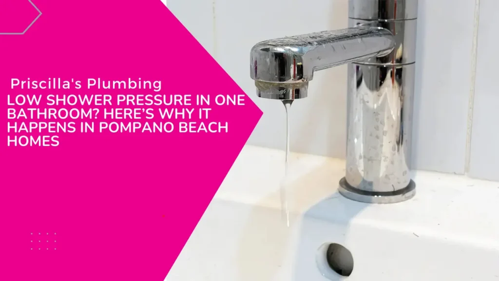 A chrome bathroom faucet drips slowly into a white sink, symbolizing low water pressure.